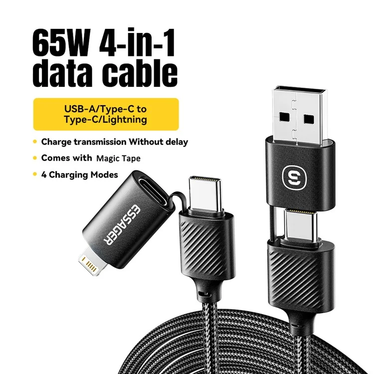 ESSAGER Starlink 1m 65W 4 en 1 Cable de fecha USB-A / Type-C a Type-C / 6 clavijas Cargador de teléfono - Negro