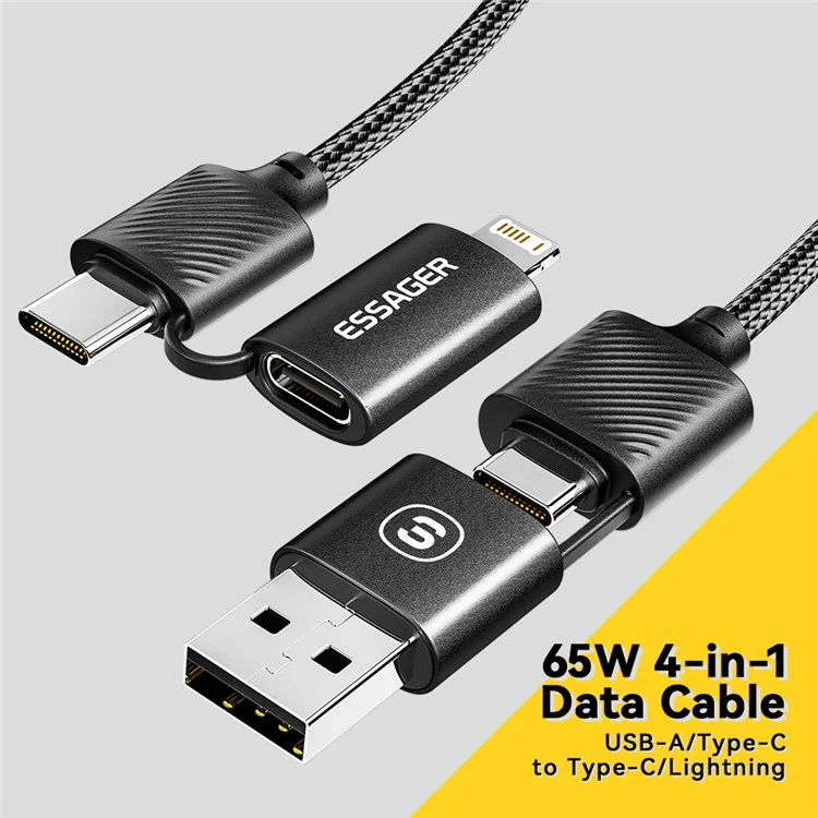 ESSAGER Starlink 1m 65W 4 en 1 Cable de fecha USB-A / Type-C a Type-C / 6 clavijas Cargador de teléfono - Negro