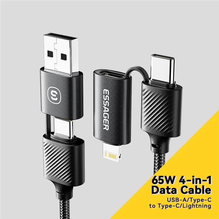 ESSAGER Starlink 1m 65W 4 en 1 Cable de fecha USB-A / Type-C a Type-C / 6 clavijas Cargador de teléfono - Negro