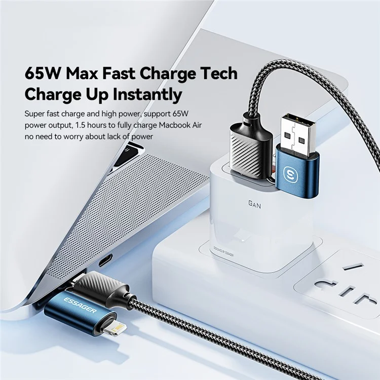 ESSAGER Starlink 1m 65W 4 en 1 Cable de fecha USB-A / Type-C a Type-C / 6 clavijas Cargador de teléfono - Negro