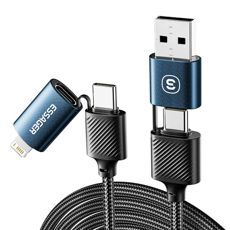 ESSAGER Starlink 1m 65W 4-in-1 Date Cable USB-A / Type-C to Type-C / 6 Pin Phone Charging Cord - Blue