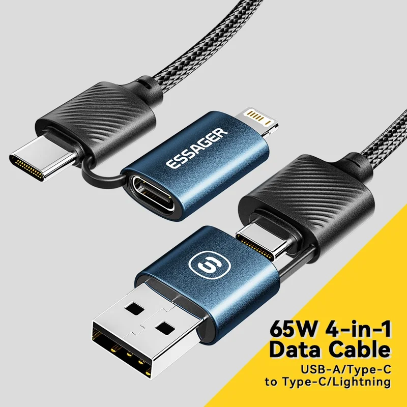 ESSAGER Starlink 1m 65W 4-in-1 Date Cable USB-A / Type-C to Type-C / 6 Pin Phone Charging Cord - Blue