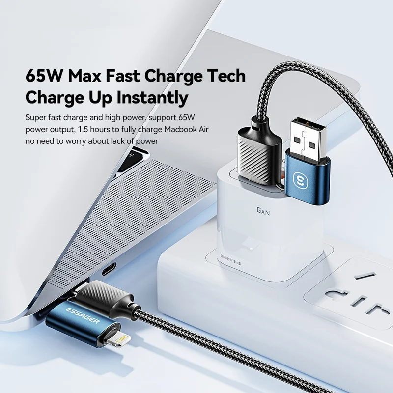 ESSAGER Starlink 1m 65W 4-in-1 Date Cable USB-A / Type-C to Type-C / 6 Pin Phone Charging Cord - Blue