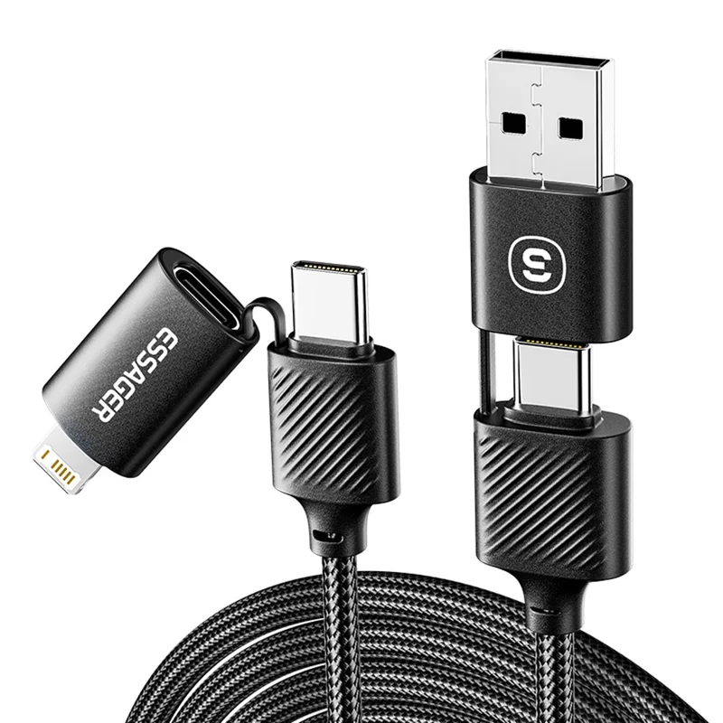 ESSAGER Starlink 0.3m 65W Charging Cable USB-A / Type-C to Type-C / 6 Pin 4-in-1 Data Cord - Black