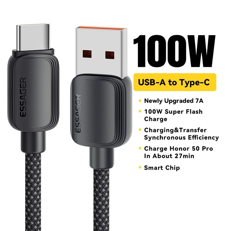 ESSAGER 1m A-C 7A 100W Date Cable USB-A to Type-C Fast Charging Cord - Black