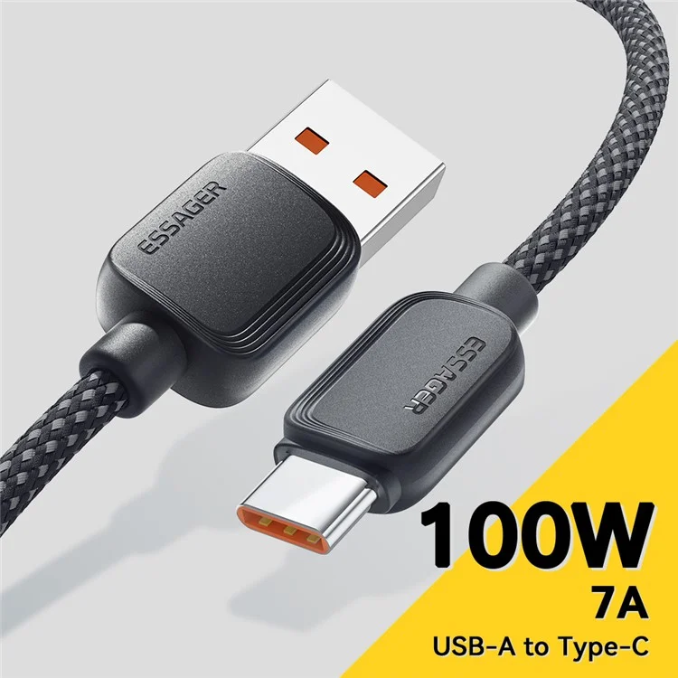 ESSAGER 1m A-C 7A 100W Date Cable USB-A to Type-C Fast Charging Cord - Black
