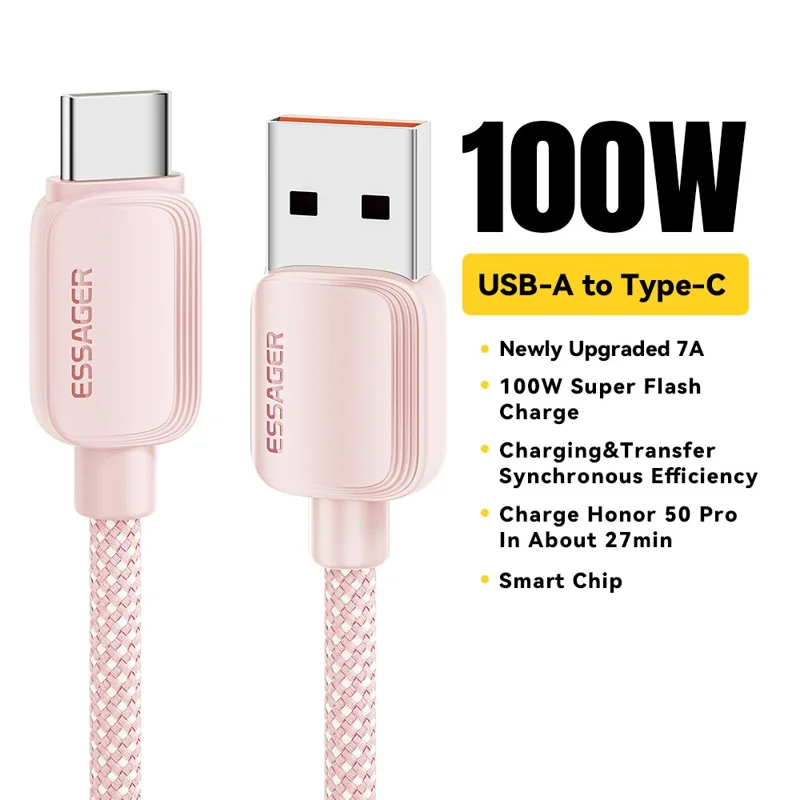 ESSAGER Cabo de Dados A-C 1 m, 7 A, 100 W, USB-A para Tipo C, Cabo de Carregamento Rápido - Rosa