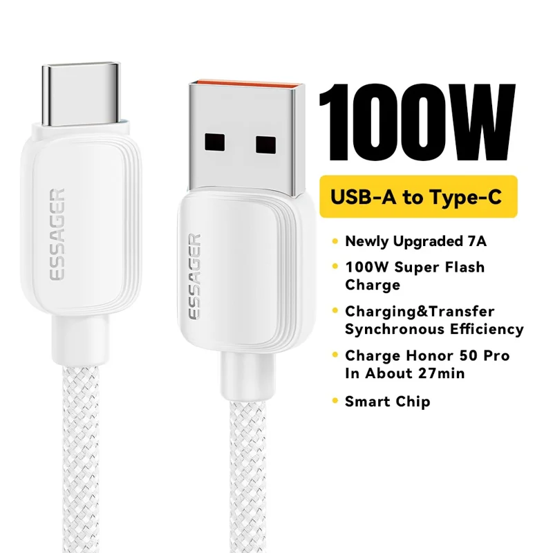 ESSAGER 2m A-C 7A 100W USB-A to Type-C Cable Fast Charging Data Cord - Beige