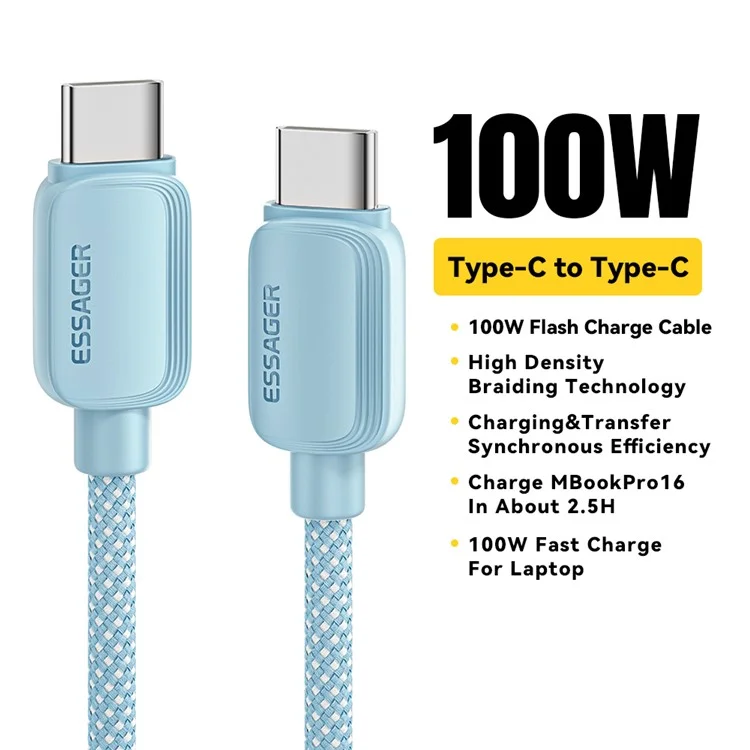 ESSAGER 1m C-C 100W Type-C to Type-C Fast Charging Cable Data Transmission Cord - Blue