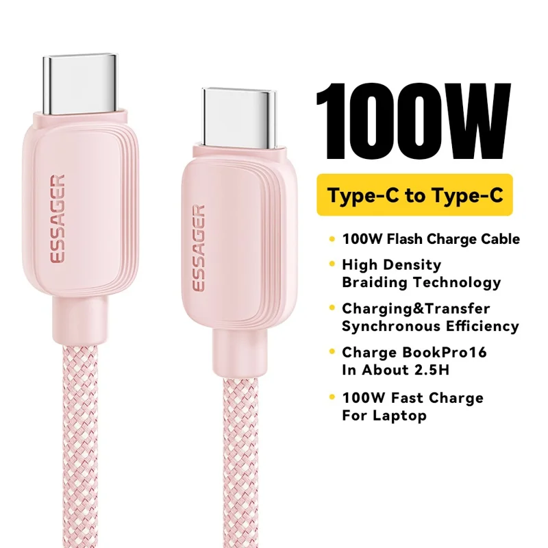ESSAGER 1m C-C 100W Type-C to Type-C Fast Charging Cable Data Transmission Cord - Pink