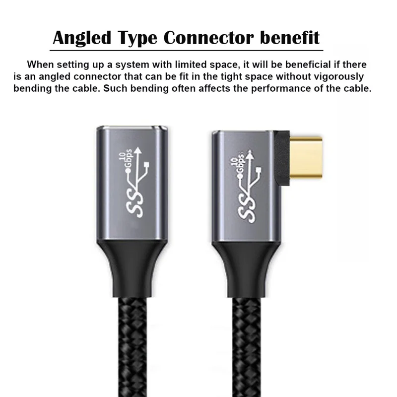 UC-058-RI-3.0M 3m 90 Degree Right Angled USB-C Male to Female Cable Alloy Connector Extension Cord