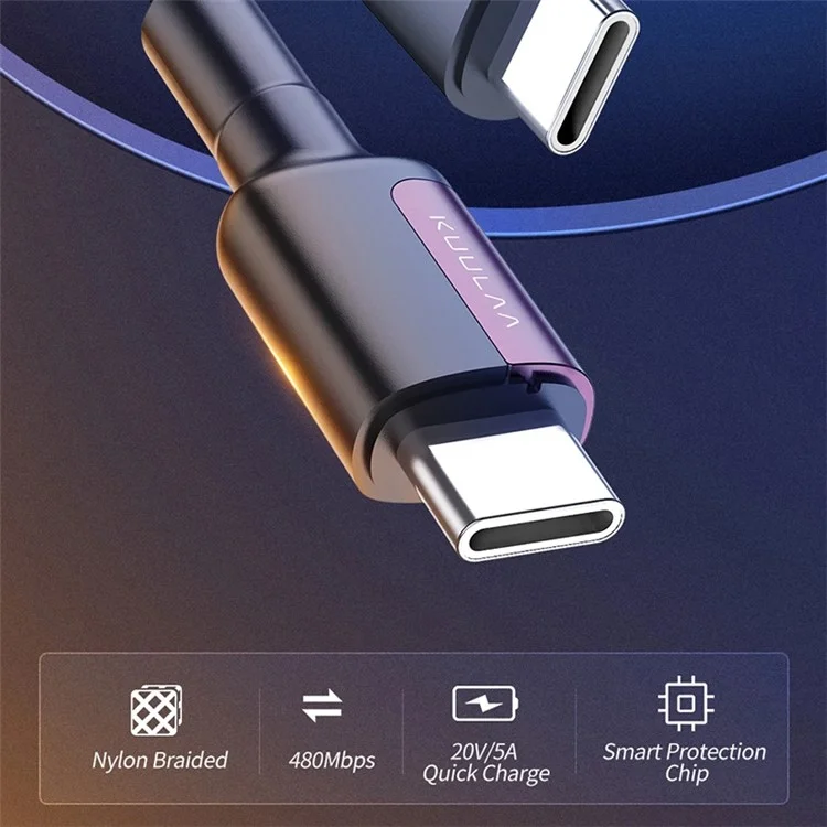 KUULAA KL-X31 Câble Type-C vers Type-C 2m 100W 5A Tressé en Nylon Cordon de Données Charge Rapide pour iPhone Série 15