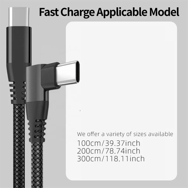 1m 90-Degree Right Angle Charging Cable USB 2.0 PD 60W Type-C to Type-C Data Syncing Cord - Black