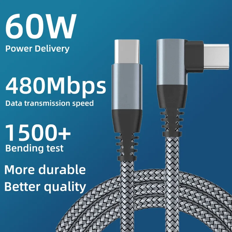 Cabo Cotovelo Tipo-C para Tipo-C de 2m PD 60W Carregamento Rápido Cabo de Dados USB 2.0 - Preto