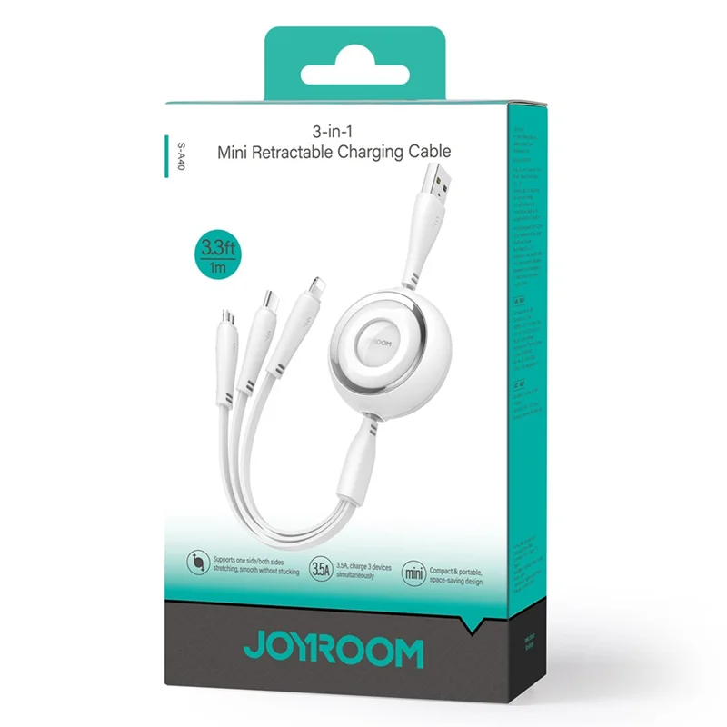 JOYROOM S-A40 3-in-1 Mini Retractable Charging Cable 1m 3.5A Charging Data Cable - Weiß