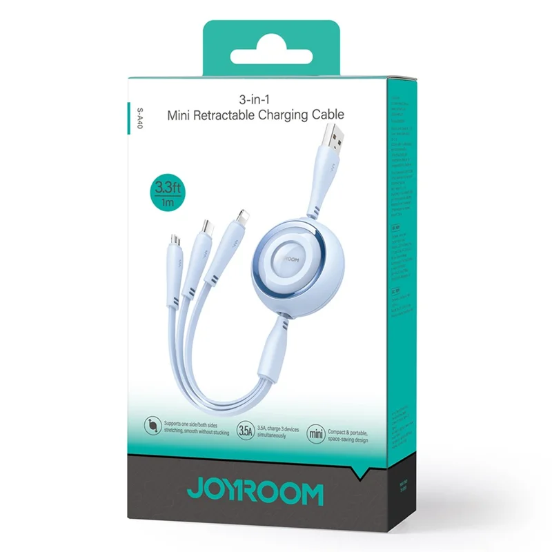JOYROOM S-A40 3-in-1 Mini Retractable Charging Cable 1m 3.5A Charging Data Cable - Baby Blue