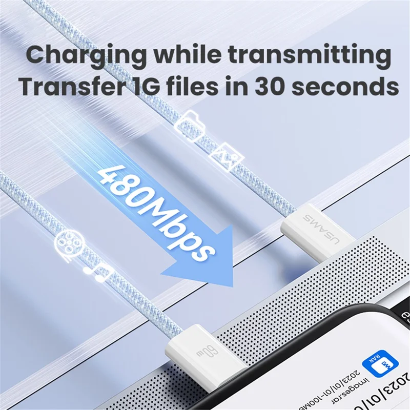 USAMS US-SJ656 U86 1.2m PD 60W Fast Charging Cable Type-C to Type-C Rainbow Braided Cord - Blue