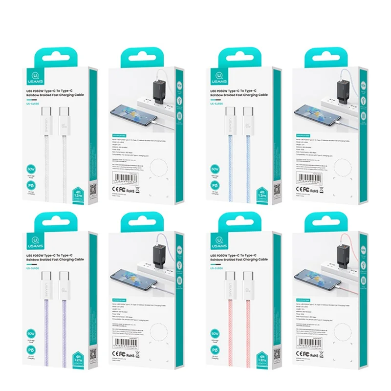 USAMS US-SJ656 U86 1.2m PD 60W Fast Charging Cable Type-C to Type-C Rainbow Braided Cord - Blue