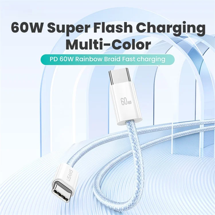 USAMS US-SJ656 U86 1.2m PD 60W Cable de carga rápida de tipo C a tipo C Rainbow Braided Cord - Púrpura