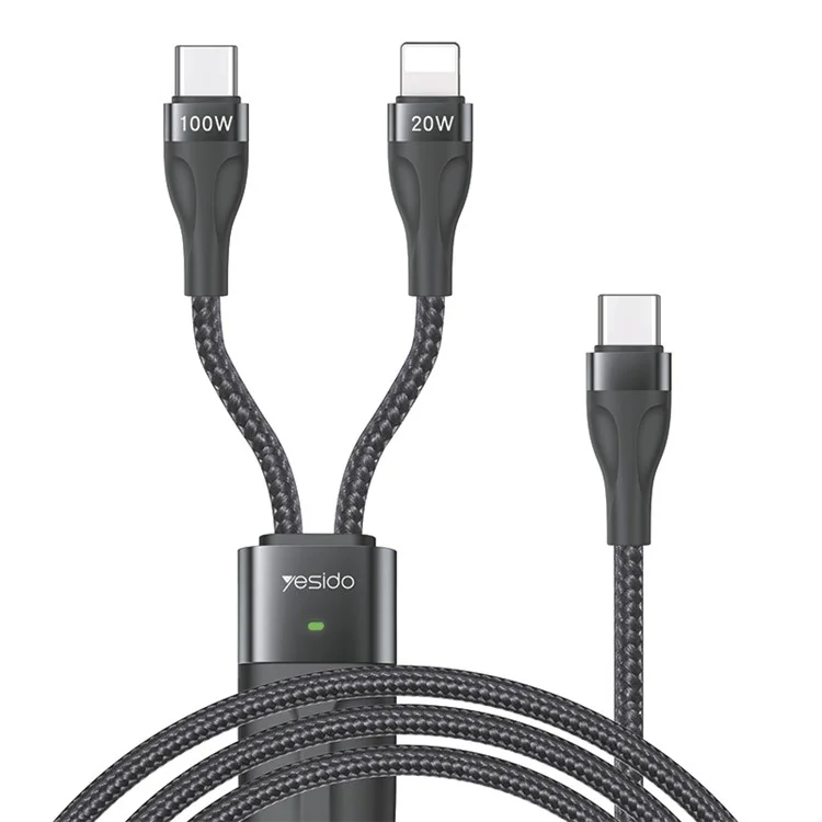YESIDO CA87 PD Câble de charge rapide 100W+20W 2-en-1 de type C vers iP+type C avec indicateur LED