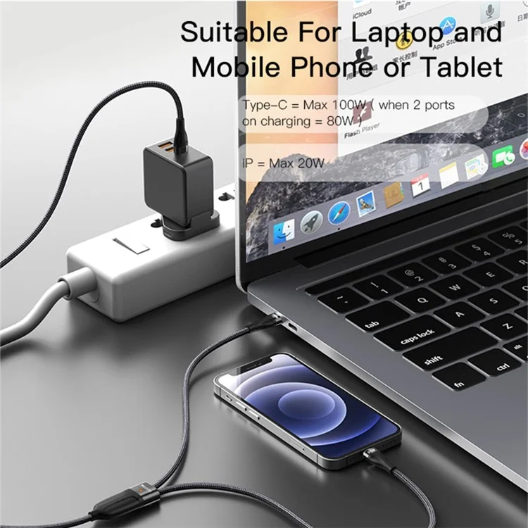 YESIDO CA87 PD Câble de charge rapide 100W+20W 2-en-1 de type C vers iP+type C avec indicateur LED