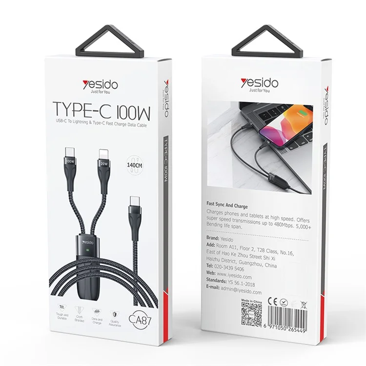 YESIDO CA87 PD Câble de charge rapide 100W+20W 2-en-1 de type C vers iP+type C avec indicateur LED