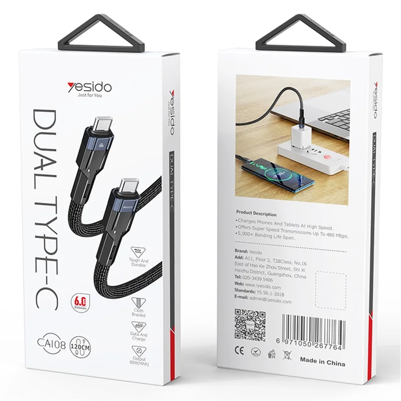 YESIDO CA108 PD 60W UBS-C Fast Charging Cable Type-C to Type-C Charging Data Cord