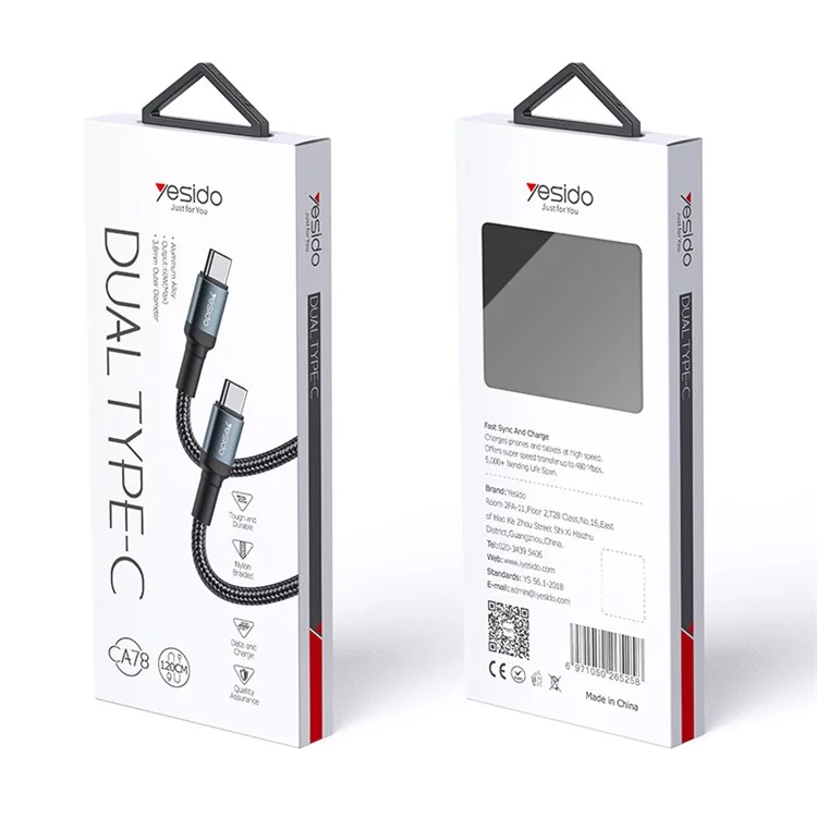 YESIDO CA78 1.2m PD 60W Phone Fast Charging Data Cable Type-C to Type-C Braided Cord