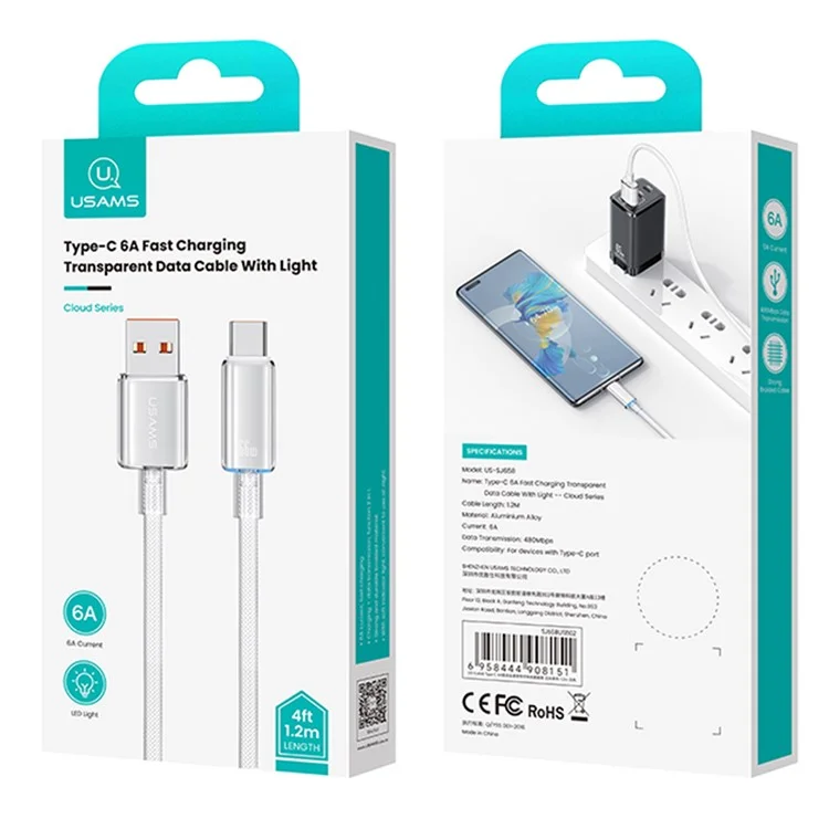 USAMS US-SJ658 Cloud Series 1.2m USB-A a Tipo-C Cable de Carga Rápida de 6A con Datos Trenzados y Luz - Azul