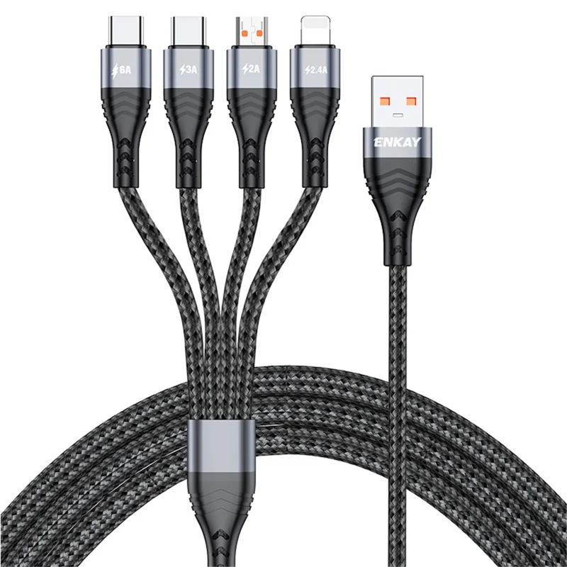 ENKAY 6A Cabo de Carregamento Rápido 1,2m 4 em 1 USB para iP / Tipo-C / Micro USB Cabo de Carregamento de Dados - Cinza