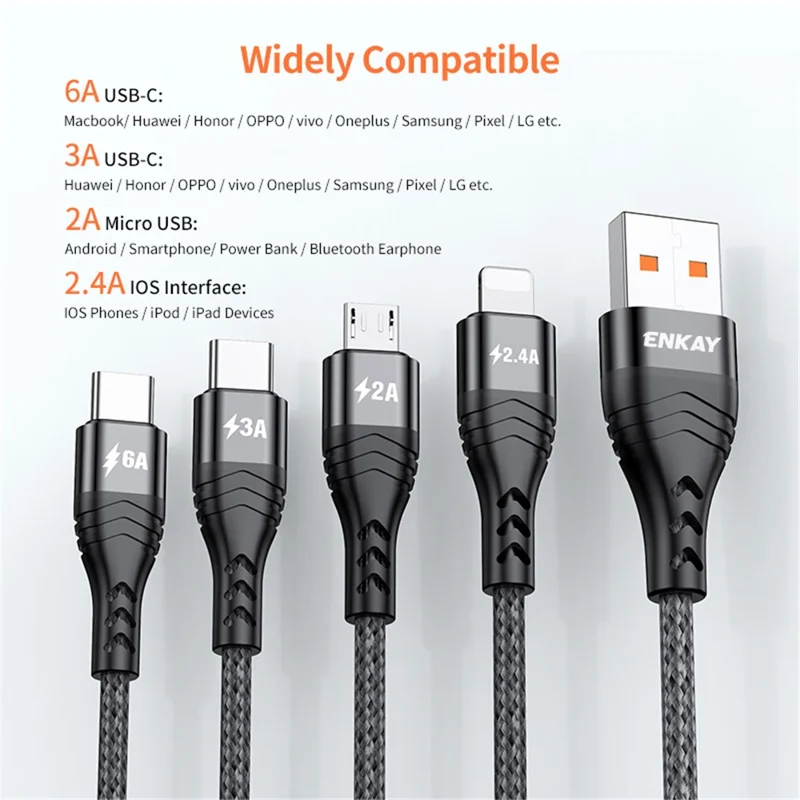 ENKAY 6A Cabo de Carregamento Rápido 1,2m 4 em 1 USB para iP / Tipo-C / Micro USB Cabo de Carregamento de Dados - Cinza