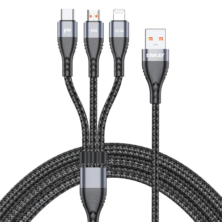 ENKAY 3 in 1 USB to iP  /  Type-C / Mcro USB Fast Charging Cord, Nylon Braided 1.2m 6A Cell Phone Cable - Grey