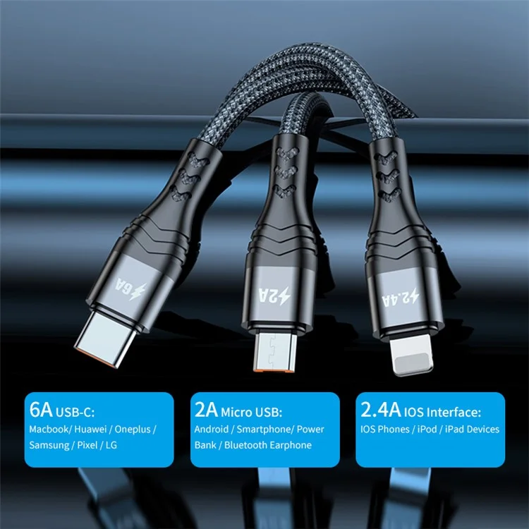 ENKAY 3 in 1 USB to iP  /  Type-C / Mcro USB Fast Charging Cord, Nylon Braided 1.2m 6A Cell Phone Cable - Grey