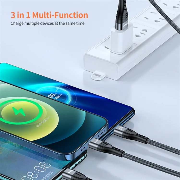 ENKAY 3 in 1 USB to iP  /  Type-C / Mcro USB Fast Charging Cord, Nylon Braided 1.2m 6A Cell Phone Cable - Grey