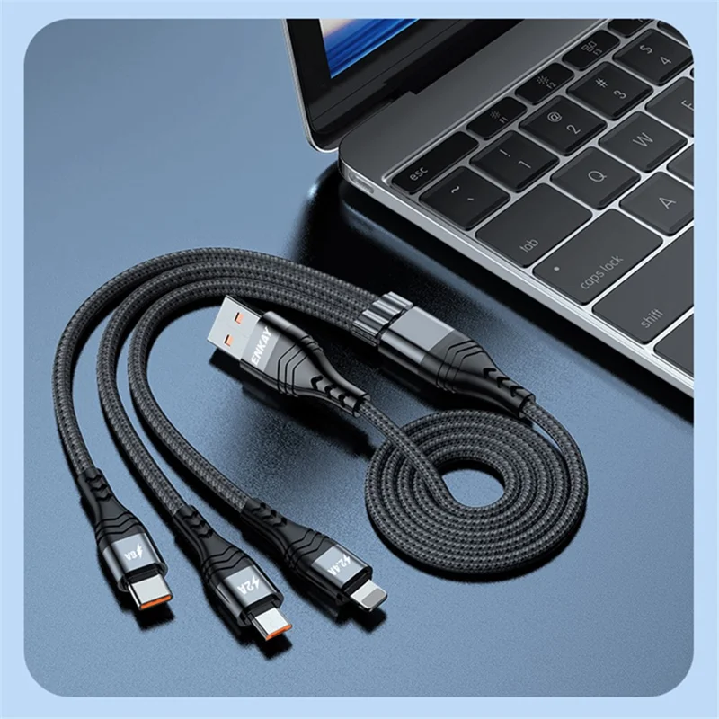 ENKAY 3 in 1 USB to iP  /  Type-C / Mcro USB Fast Charging Cord, Nylon Braided 1.2m 6A Cell Phone Cable - Grey