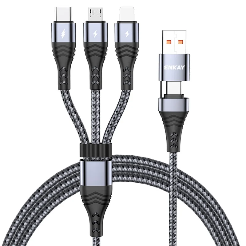 ENKAY Type-C / USB til iP / Type-C / Micro USB opladningskabel, 2 m 5 A hurtig opladning datakabel - Grå