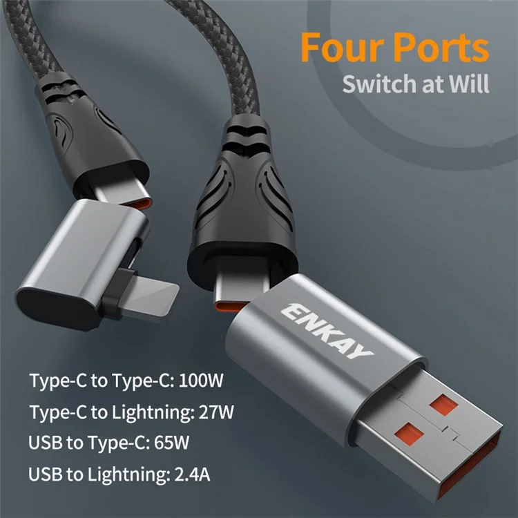 ENKAY 1m 4 in 1 USB / Type-C to iP / Type-C Nylon Charge Cable with E-Marker Chip PD 100W Fast Charging Cable