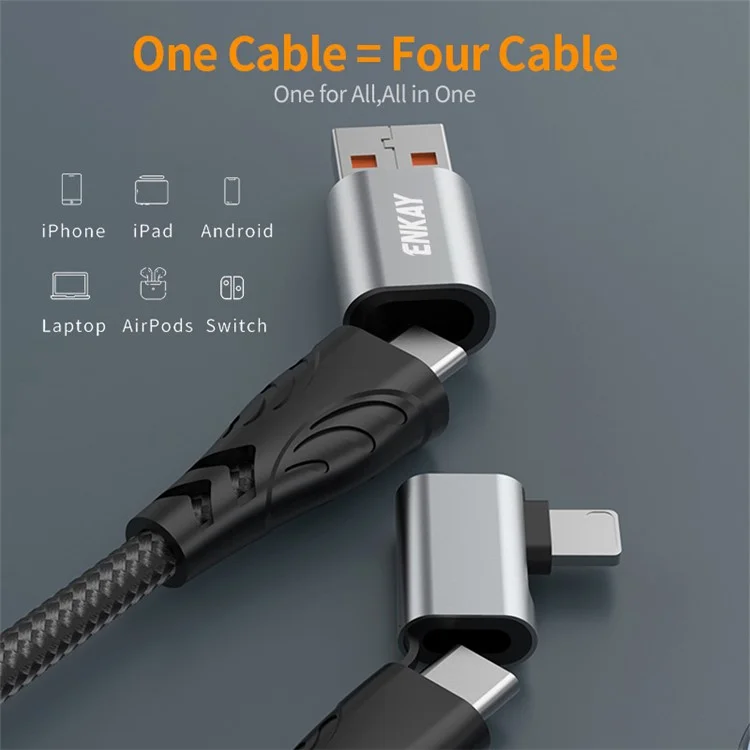 ENKAY 1m 4 in 1 USB / Type-C to iP / Type-C Nylon Charge Cable with E-Marker Chip PD 100W Fast Charging Cable