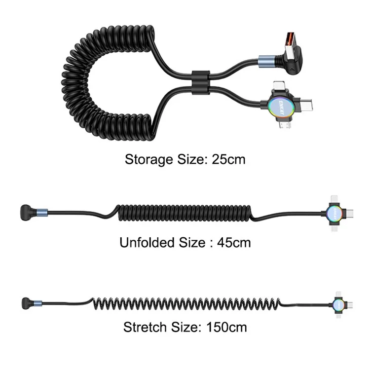 ENKAY 1.5m USB to Type-C / iP /  Micro USB TPU Spring Cable 66W Fast Charging Cable with Indicator Light - Style A