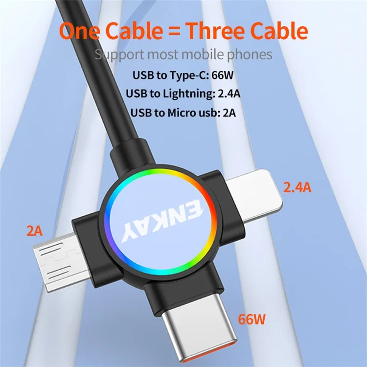 ENKAY 1.5m USB to Type-C / iP /  Micro USB TPU Spring Cable 66W Fast Charging Cable with Indicator Light - Style B