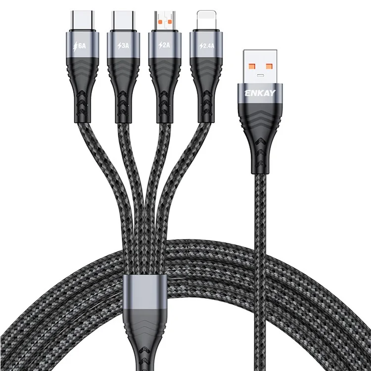ENKAY HAT PRINCE 2m 6A 4-in-1 USB to 8Pin / Type-C / Micro USB Fast Charging Data Cable Nylon Braided Cord - Grey