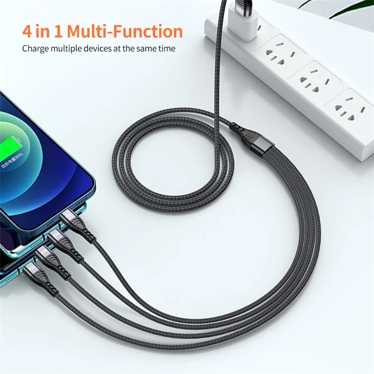 ENKAY HAT PRINCE 2m 6A 4-in-1 USB to 8Pin / Type-C / Micro USB Fast Charging Data Cable Nylon Braided Cord - Grey