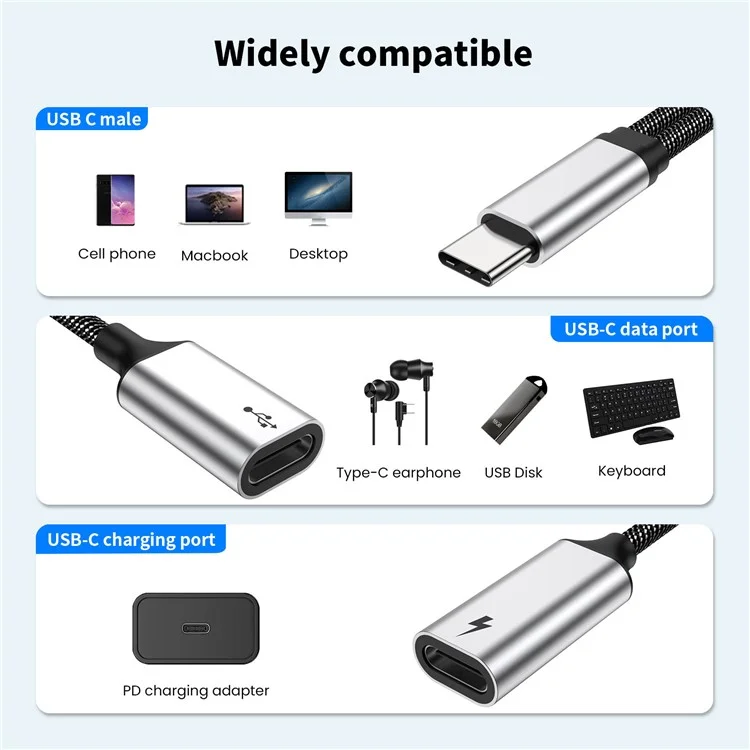 Male C Para Dobrar o USB C Fementr Splitter Cable OTG Hub Support PD 60W Carregamento Rápido Para Celular / Computador Portátil