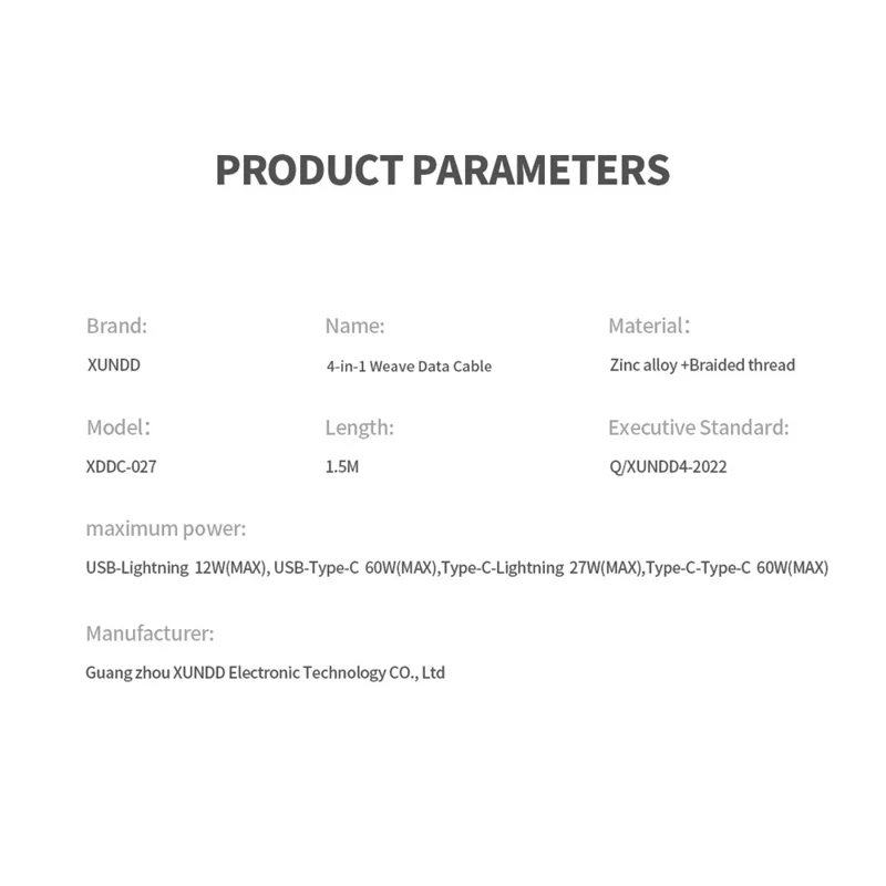 XUNDD XDDC-027 1.5m USB+Type-C+iP+Micro USB Charging Cable Cord - Grey