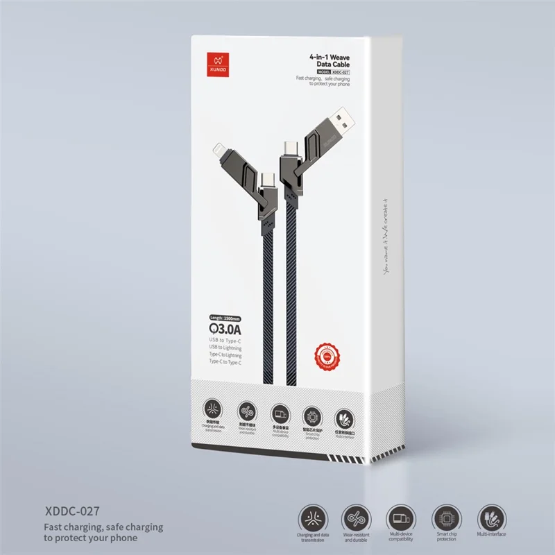 XUNDD XDDC-027 1.5m USB+Type-C+iP+Micro USB Charging Cable Cord - Grey