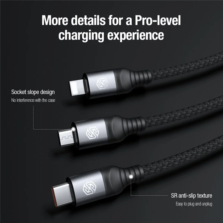 NILLKIN Swift Pro 3-in-1 Cable Nylon Braided USB to Type-C / iP / Micro Charging Cord - Black