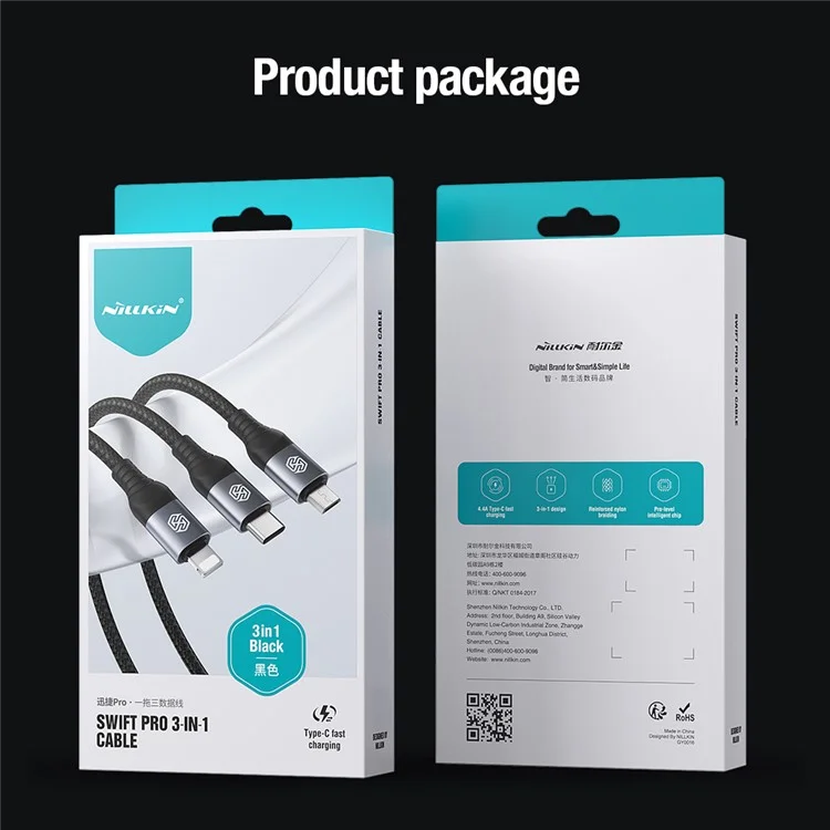 NILLKIN Swift Pro 3-in-1 Cable Nylon Braided USB to Type-C / iP / Micro Charging Cord - Black