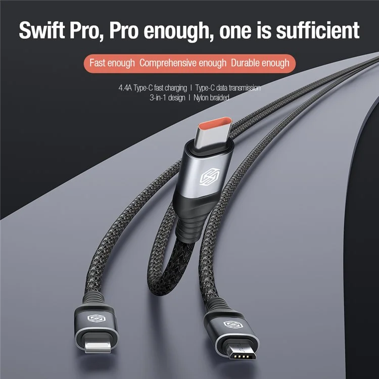 NILLKIN Swift Pro 3-in-1 Cable Nylon Braided USB to Type-C / iP / Micro Charging Cord - Black