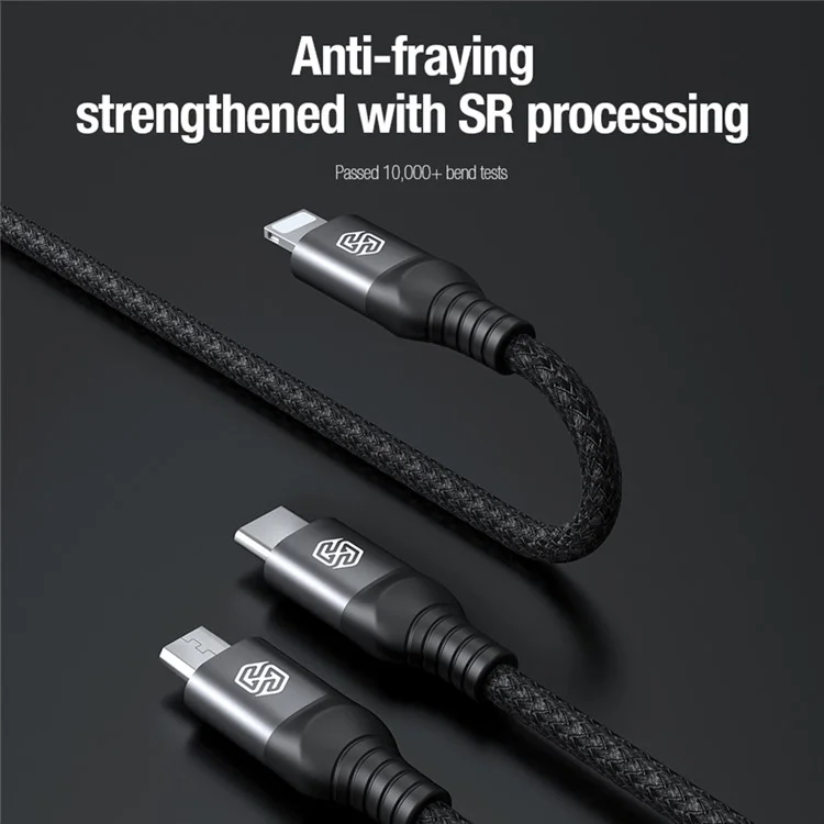 NILLKIN Swift Pro 3-in-1 Cable Nylon Braided USB to Type-C / iP / Micro Charging Cord - Black