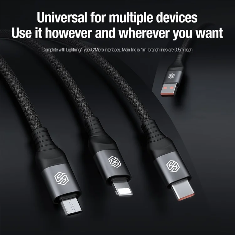 NILLKIN Swift Pro 3-in-1 Cable Nylon Braided USB to Type-C / iP / Micro Charging Cord - Black